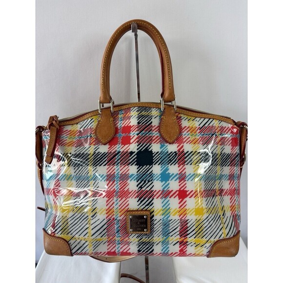 Dooney Bourke Chatham White Bright Plaid Domed Satchel Top Handles Shoulder - Picture 1 of 16
